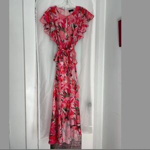 Ava & Aiden Pink Floral Ruffle Hi-Lo Hem Wrap Dress Size L